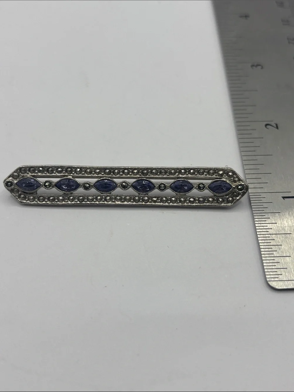 1928 Silver-Tone Bar Brooch with Purple Marquise Stones